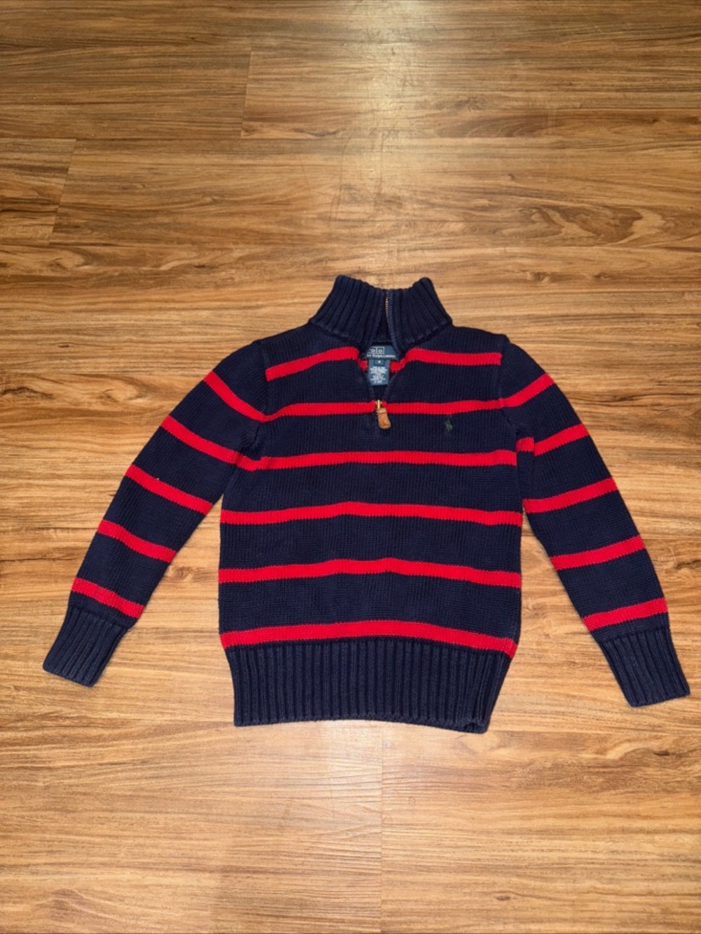 Polo Ralph Lauren Size 6 Quarter Zip Sweater Blue Red Stripe Preppy Knit
